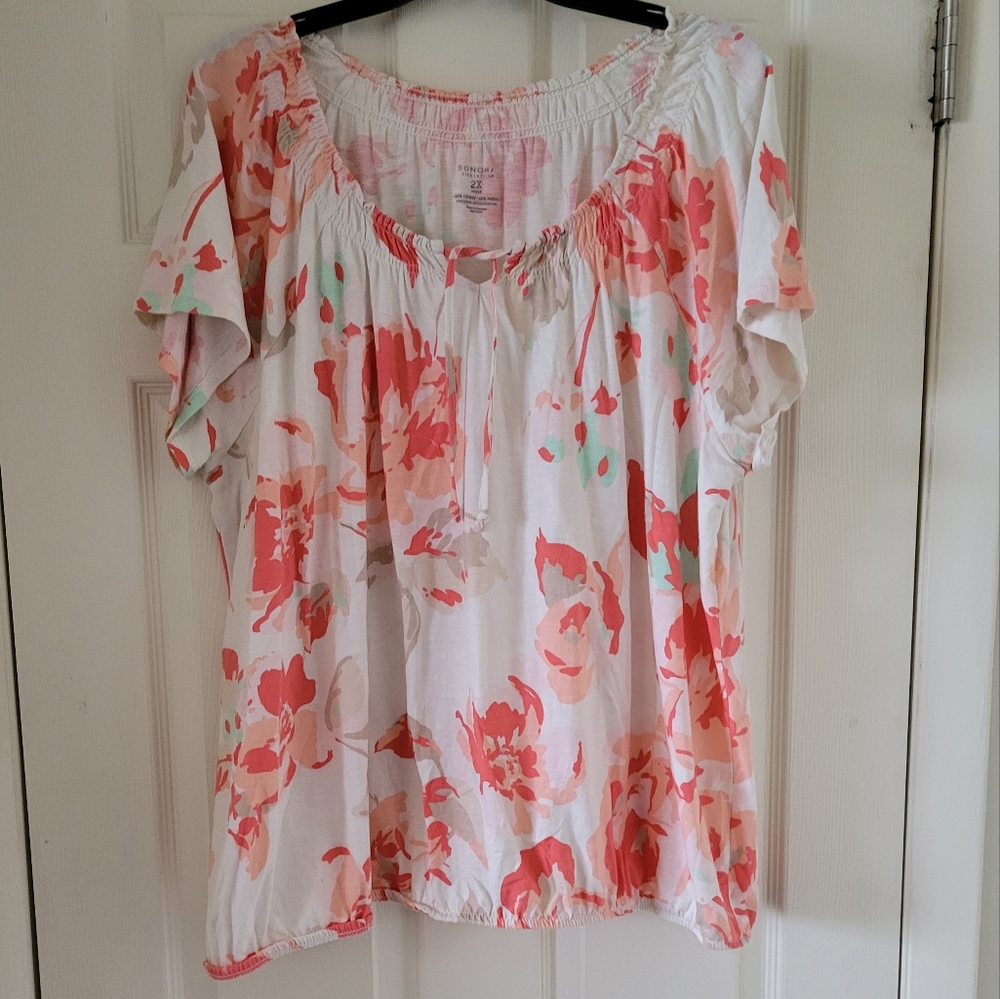 Sonoma 2X Short Sleeve Blouse w/Elastic @ Neckline/Hemline and Tie at Neck